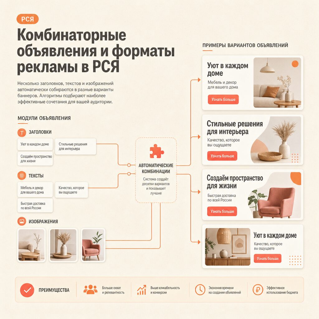 Комбинаторные объявления в РСЯ: модули заголовков, текстов и изображений собираются в варианты баннеров