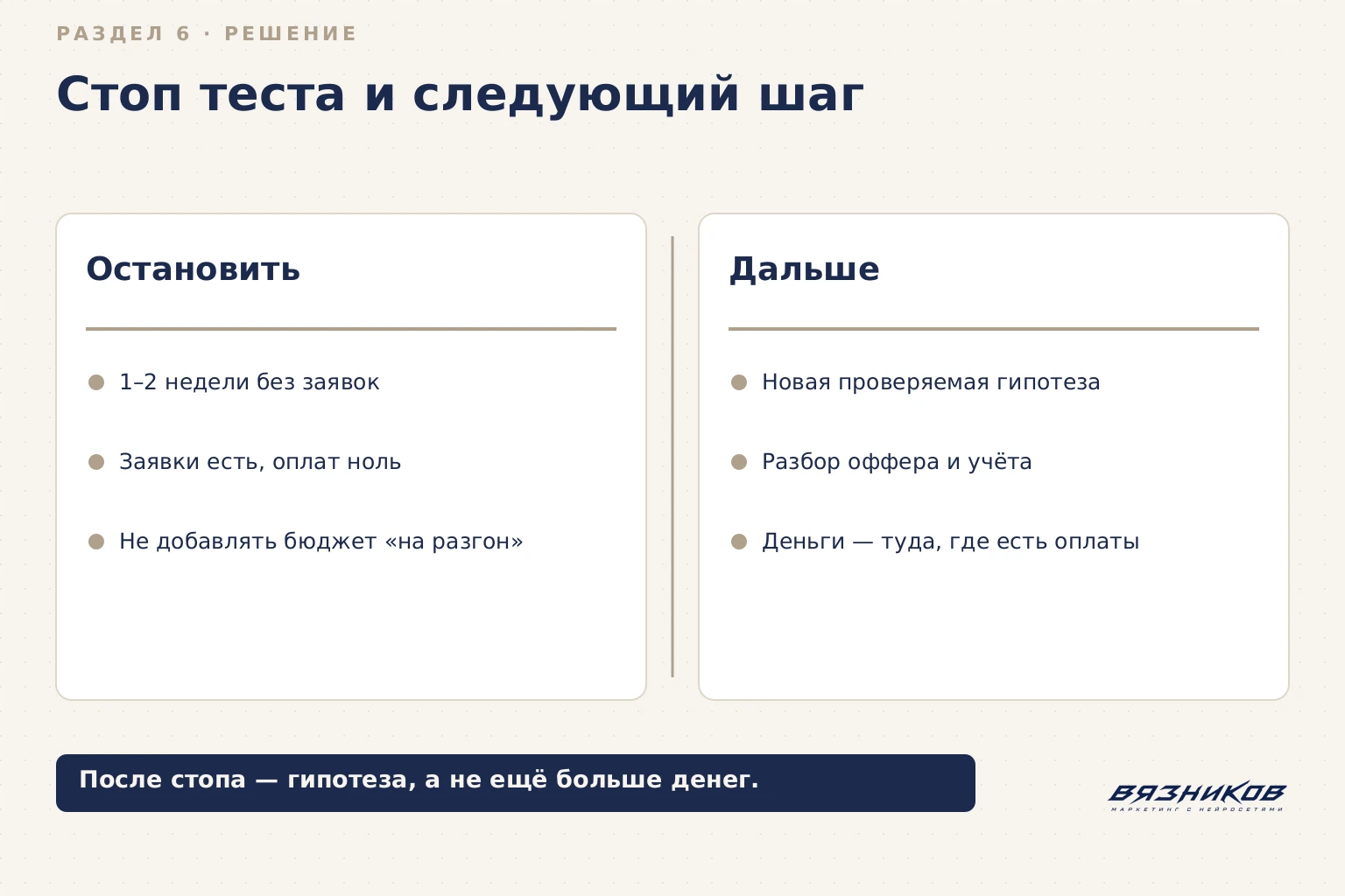 Результативный маркетинг: остановка теста и следующий шаг